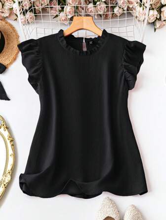 DreamSkyne Plus Size Summer Casual Solid Color Cap Sleeve Black Blouse