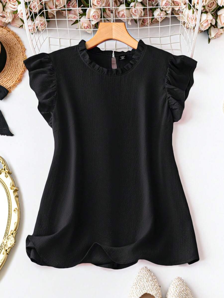 EMERY ROSE Plus Size Summer Casual Solid Color Cap Sleeve Black Blouse