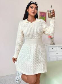 Calvaya Vestido de punto de manga larga de unicolor y simple para uso diario para mujeres de talla grande - Albaricoque - Ver 5