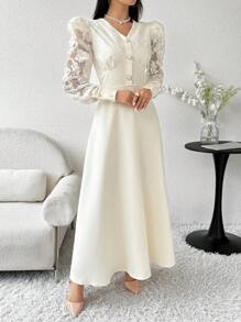 Modelyn 女士纯色简约日常穿着蕾丝装饰阿拉伯朴素连衣裙派对优雅晚装长袖长裙、婚礼/场合礼服白色优雅连衣裙长款晚礼服 - 杏色 - 查看 3