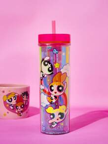 THE POWERPUFF GIRLS X SHEIN Cute Cartoon Figure Print 480ML Translucent Double-Layered Straw Cup - Multicolor - View 1