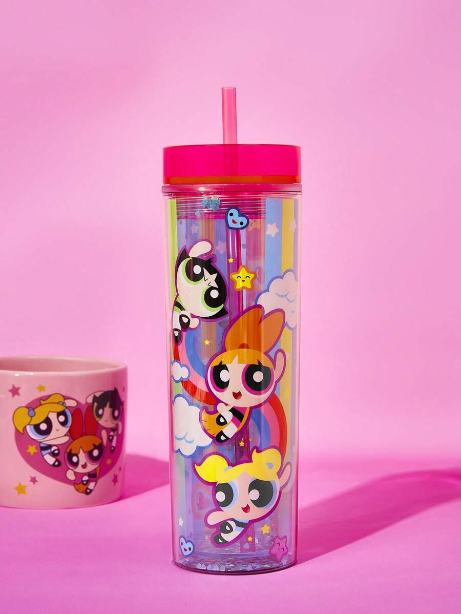 THE POWERPUFF GIRLS X SHEIN Cute Cartoon Figure Print 480ML Translucent Double-Layered Straw Cup - Multicolor - View 1