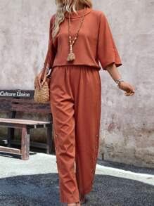 SHEIN LUNE Textured Linen Double-Breasted Casual Women's Outfit, 2pcs - Orange - View 5
