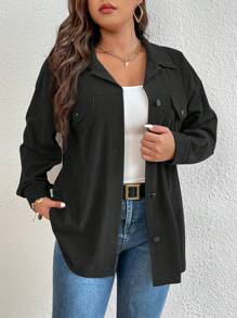 SHEIN LUNE 大码女式纯色落肩休闲长袖宽松夹克，春秋季 - 黑色 - 查看 4