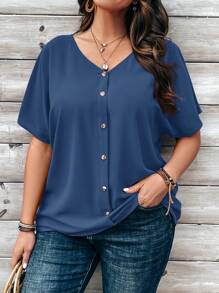 EMERY ROSE Plus Size Women's Blue Button Embellished Short Sleeve Shirt For Spring - Blue - View 1