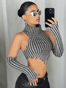 SHEIN ICON Blusa corta de punto de triángulo invertido gris oscuro con bufanda para mujer, estilo Y2K - Gris Oscuro - Ver 3