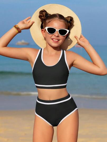 SHEIN 青少年女孩拼色装饰度假上衣和短裤比基尼套装、夏季海滩泳衣