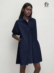 BizChic 女士休闲纯白色不透明立领纽扣前开襟衬衫裙，宽松纯棉，简约风格，适合日常休闲、通勤、商务休闲、办公室穿着 - 藏蓝色 - 查看 11