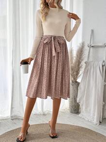 SHEIN Clasi Women's Spring/Summer Leopard Print Pleated Hem Stand Collar Casual Dress With Long Sleeves - Apricot - View 6