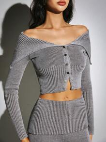 Poéselle 2 件女式露肩纯色上衣和修身裤针织毛衣套装，毛衣套装，秋季毛衣，2 件 - 灰色 - 查看 1