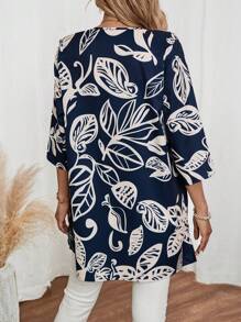 EMERY ROSE 女式休闲宽松植物叶图案 3/4 袖夏季衬衫 - 藏蓝色 - 查看 2