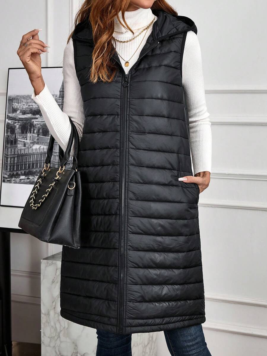 EMERY ROSE Áo khoác không tay có mũ trùm đầu túi thắt nơ màu trơn dành cho nữ, mùa thu đông - màu đen - Xem 1