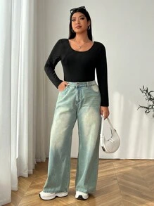 SHEIN EZwear 2pcs Plus Size Women's Round Neck Long Sleeve Black & Multicolor T-Shirt Sets, Spring & Summer - Multicolor - View 6