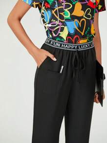 TaskEZ Women's Black 3 Pkt Logo Waist Pants With Drawstring Letter Pattern Waistband /Nurse Uniform Pants Scrub Pants - Black - View 4