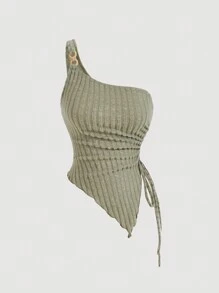 SHEIN MOD Top casual smanicato plissettato asimmetrico, top da donna per Ognissanti, top casual da spiaggia, in stile western, top casual per uscire, top casual da ufficio, outfit da concerto per donne, outfit sexy, outfit per festival rave - Verde militare - Visualizzare 1