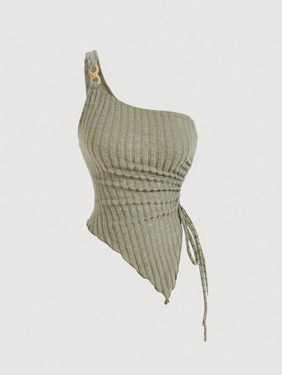 SHEIN MOD Top casual smanicato plissettato asimmetrico, top da donna per Ognissanti, top casual da spiaggia, in stile western, top casual per uscire, top casual da ufficio, outfit da concerto per donne, outfit sexy, outfit per festival rave - Verde militare - Visualizzare 1