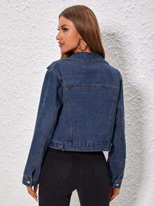 SHEIN Essnce Spring/Autumn Casual Cropped Denim Jacket - Dark Wash - View 2