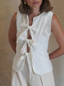 INAWLY Cárdigan sin mangas de unicolor y simple con nudo delantero para mujer