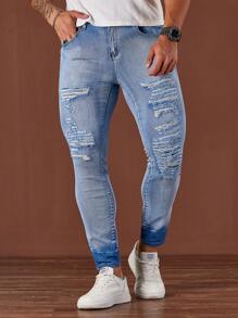 Manfinity Roughcore Vaqueros ajustados informales de denim azul claro para hombre - Lavado ligero - Ver 8