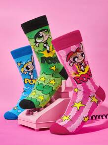 THE POWERPUFF GIRLS X SHEIN Women's 3 Pairs/Set Cute Blossom, Bubbles, Buttercup Pattern Comfortable Mid-Calf Socks,Y 2 K - Multicolor - View 1