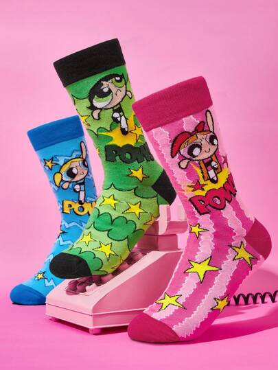 THE POWERPUFF GIRLS X SHEIN Conjunto de 3 pares de calcetines hasta la mitad de la pantorrilla para mujer con lindos patrones de letras y figuras de dibujos animados, cómodos