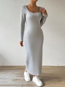 Chiquease Vestido Longo de Manga Longa Minimalista e Casual de Cor Sólida para Mulheres - Cinza - Visão 1