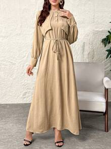 Al Najma Women's Solid Color Long Casual Dress Full Length Modest Elegant Style For Casual Daily/Work/Holiday/Evening Parties/Wedding Guest - Khaki - View 3