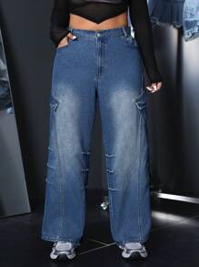 SHEIN ICON Plus Size Casual Washed Straight Leg Cargo Jeans - Blue - View 3