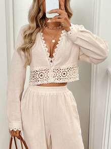 SHEIN Frenchy 2 Cái/bộ Ren Nữ Chia Lao Cổ Áo Cardigan Và Lưng Thun Ống Thẳng Quần - Màu be - Xem 3