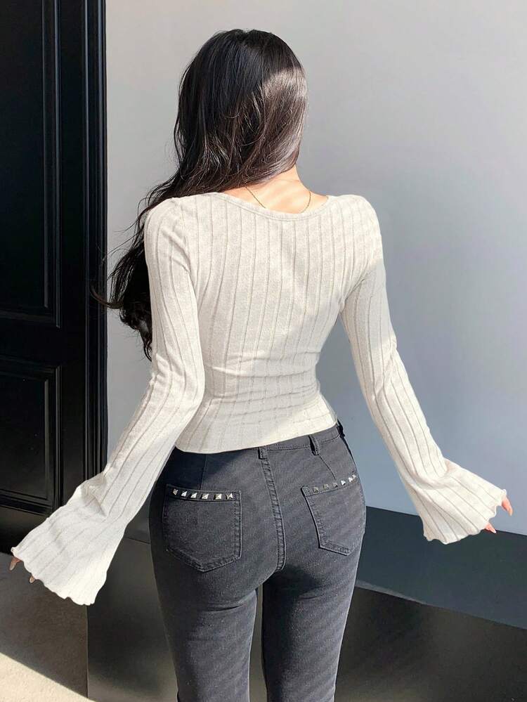 Women's Crew Neck Cross Design Long Sleeve Fitted Elegant & Sweet Tee