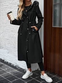 SHEIN LUNE Long Fleece Hooded Black Regular Jacket Warm Hooded Coat In Fall/Winter