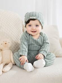 SHEIN 3pcs/Set Newborn Infant Unisex Casual All-Match Long Sleeve Bodysuit, Pants And Hat Outfit, Suitable For Everyday Wear In Autumn/Winter - Green - View 5