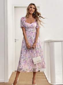 Breezaya 心形领镂空扎染花卉印花泡泡袖连衣裙 - 紫色 - 查看 5