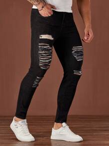 Manfinity LEGND Męskie czarne jeansowe obcisłe jeansy w stylu ulicznym z przetarciami - Czarne - Zobacz 1