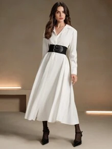 Anewsta 女士 V 领长袖开衩优雅腰带修身衬衫裙长款女装 - 白色 - 查看 2