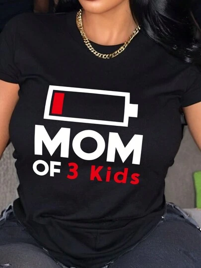 Maweii Plus Size Mom Letter Print Casual T-Shirt, Mom Of 3 Kids Print Short Sleeve Crew Neck Casual Top For Spring & Summer, Women's Clothing MOM OF 3 Kids