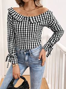 SHEIN Essnce 女士秋季衬衫 翻领 正面纽扣 方格布 长袖 休闲衬衫 纽扣衬衫 - 黑與白 - 查看 1