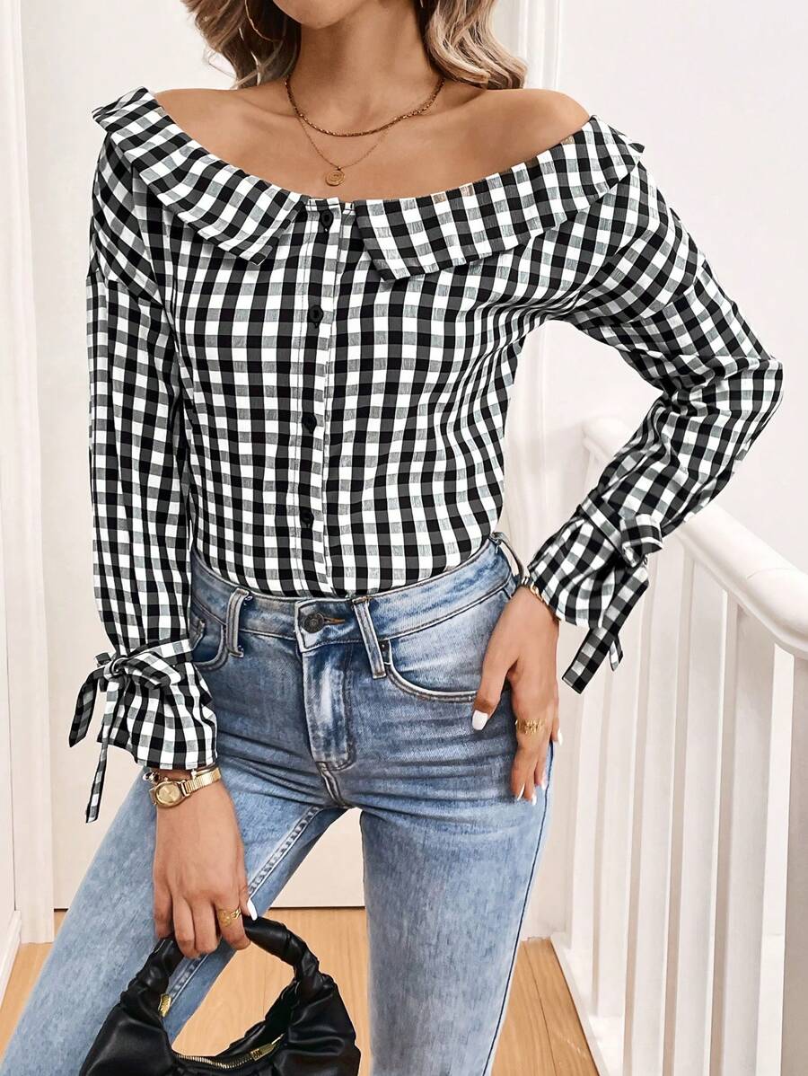SHEIN Essnce 女士秋季衬衫 翻领 正面纽扣 方格布 长袖 休闲衬衫 纽扣衬衫 - 黑與白 - 查看 1