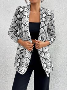 SHEIN Essnce 女士春夏休闲蛇皮图案翻领西装外套 - 黑與白 - 查看 4