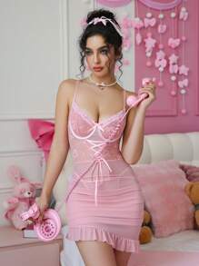 SHEIN 2pcs/Set Romantic Lace Contrast Mesh Caged Mini Dress Set - Pink - View 1