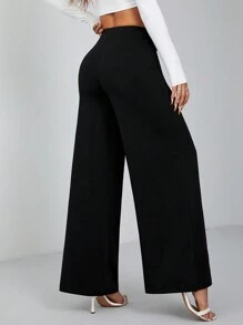 SHEIN PETITE 女款高弹力阔腿长裤黑色