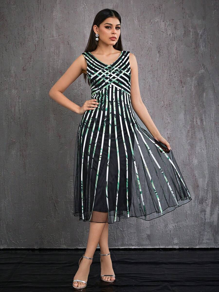 V-Neck Mesh Drawstring High Slit Evening Dress Party Dress Wedding Guest Cocktail Dress - Black - View 1