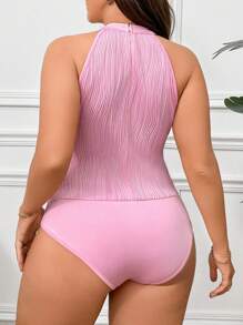 Calvaya Plus Size Casual Solid Color Textured Halter Bodysuit, Summer - Pink - View 2
