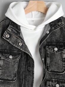 SHEIN Tween Boy Fashion Casual Black Denim Loose Stand-Up Collar With Multiple Cargo Pockets Design Shoulder Long Sleeve Jacket For Dailywear And Fall Boys Clothes - Black - View 6