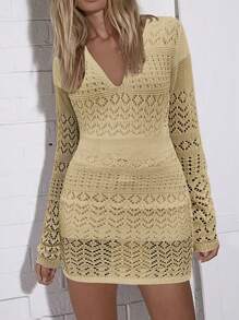 SHEIN Clasi 纯色 V 领长袖镂空简约毛衣裙，休闲日常穿着 - 卡其色 - 查看 4