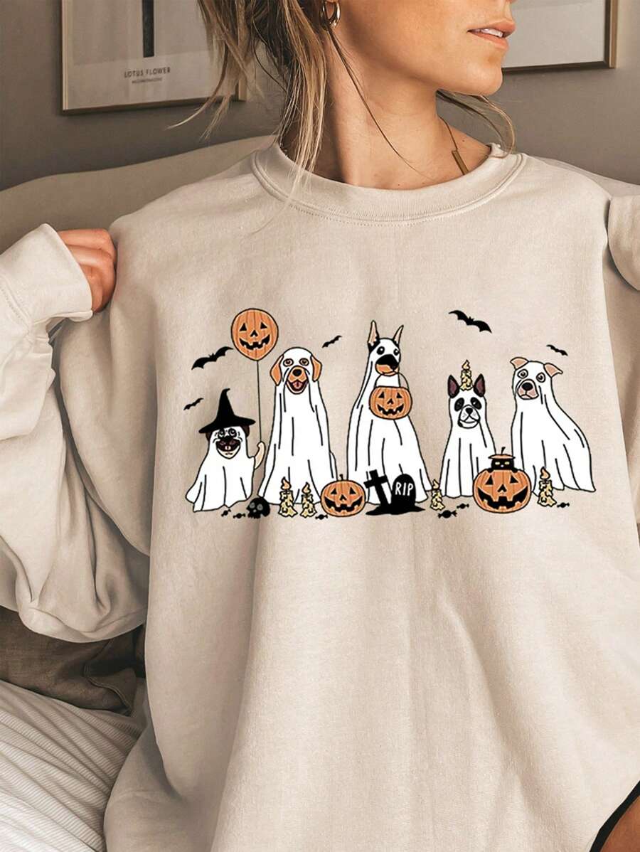 INAWLY 女士万圣节小狗和南瓜印花羊毛运动衫 - 杏色 - 查看 1