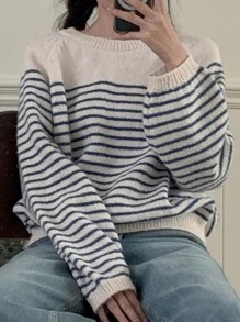 DAZY Women Round Neck Striped Oversized Sweater Fall - Blue - View 2