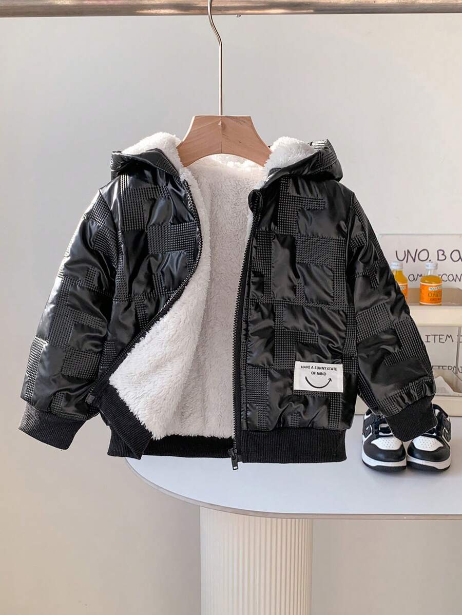 SHEIN 男宝宝休闲日常百搭趣味几何图案保暖内衬连帽长袖棉衣,适合秋冬季户外穿着 - 黑色 - 查看 1