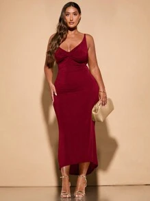 SHEIN BAE 大码女式夏季优雅节日聚会纯色紧身露背吊带长裙