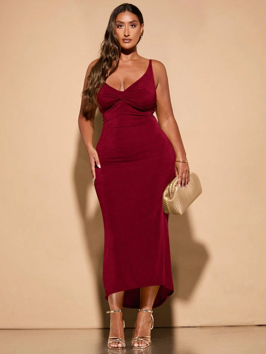 SHEIN BAE 大码女式夏季优雅节日聚会纯色紧身露背吊带长裙